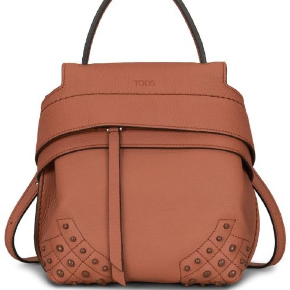 Tod's Brown Leather Mini Wave Top Handle Studs Backpack Crossbody Handbag Purse